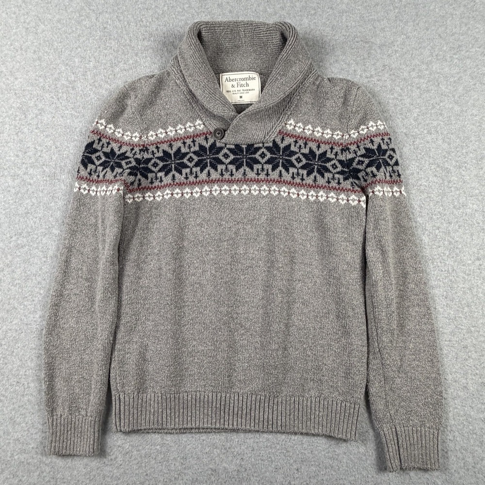 Abercrombie & Fitch Sweater Mens Medium Gray Shawl Collar Fair Isle Nordic Knit‎